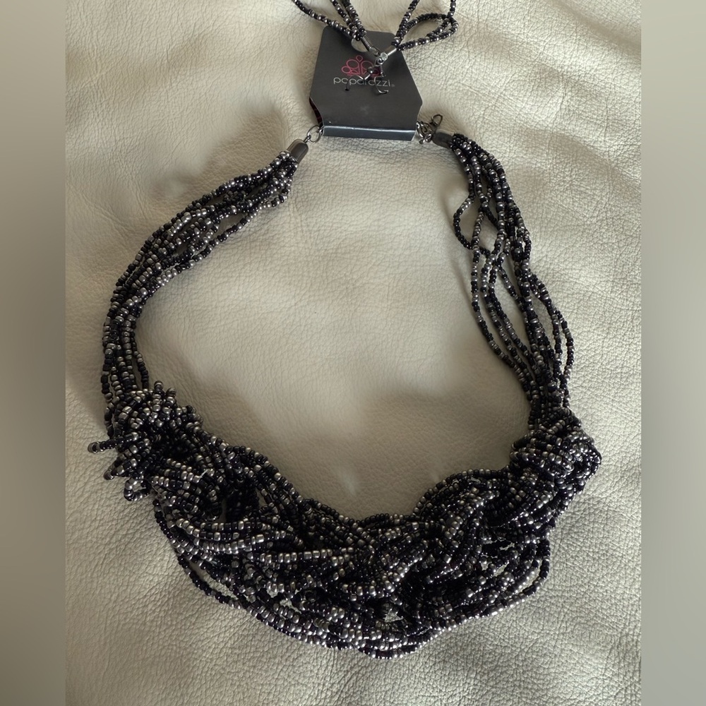 Paparazzi Twisted Black and Silver Beaded Necklace and earrings